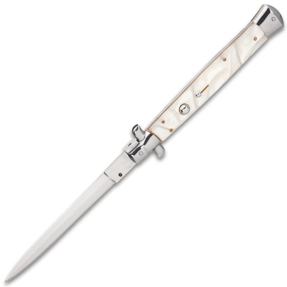 The 7 1/4” closed pocket knife has faux pearl handle scales, and the push button and slide lock are conveniently on top image number 4