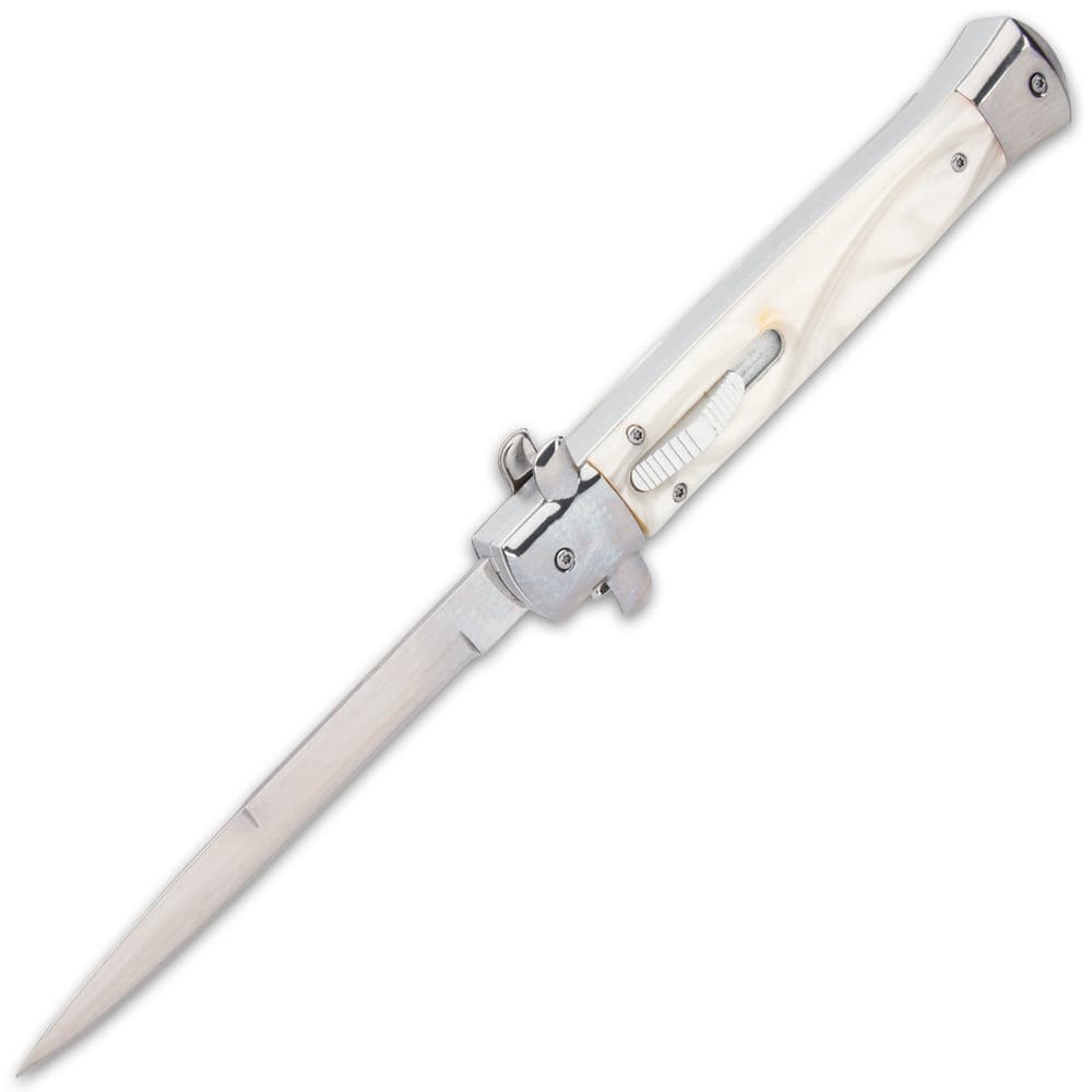 Side view of pearl handled switchblade stilleto knife with silver mirror polished 4 3/4" blade. image number 4