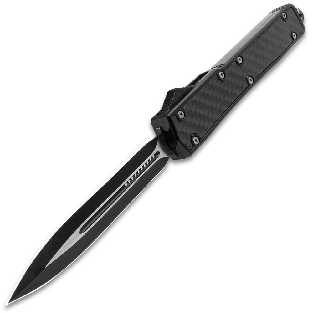 The knife is shown with two toned black and silver blade fully deployed from the grippy black handle with carbon fiber insets. image number 4