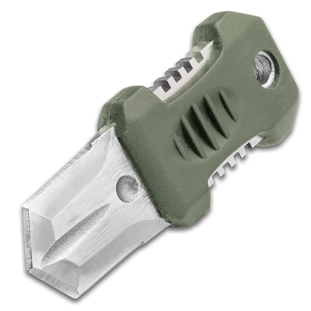Angled view of the SHTF Molle Shiv, unsheathed, with full view of the 1” 440C hardened stainless steel blade. image number 4
