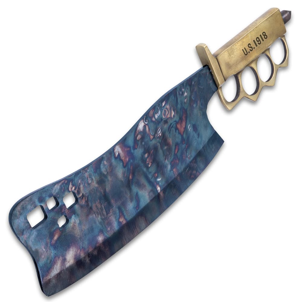 The trench knife has a 10 1/2” Fire Kissed 1095 carbon steel cleaver blade with distressed patina and is a hefty 4 1/2" mm thick. image number 3