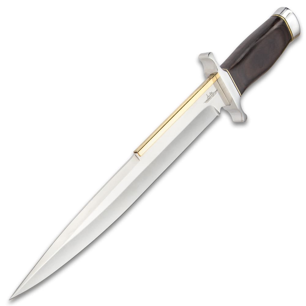 Angled view of this knife, designed for the “Expendables” film, has a mirror polished stainless steel blade. image number 4