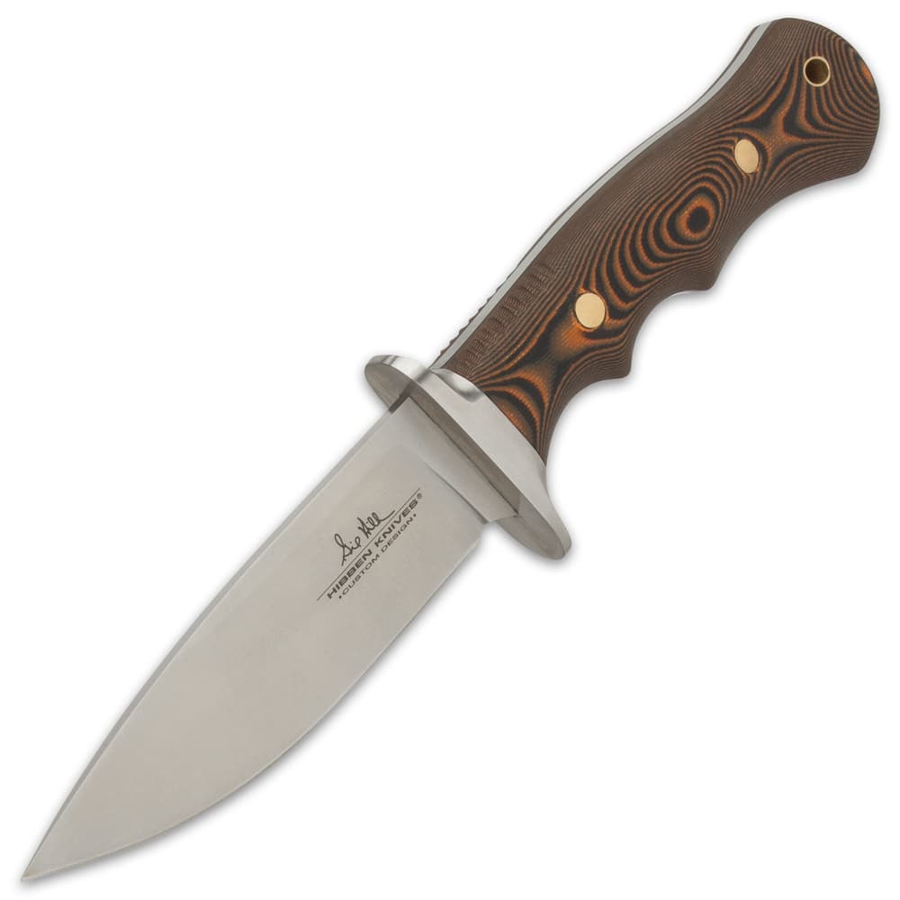 Stainless steel blade with a stain finish and G10 wood look handle, and engraving on blade "Hibben Knives." image number 4