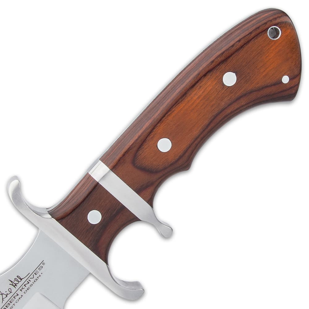 The bloodwood handle scales are attached to the full tang with nickel silver pins and the handle features a stainless steel sub-hilt image number 4