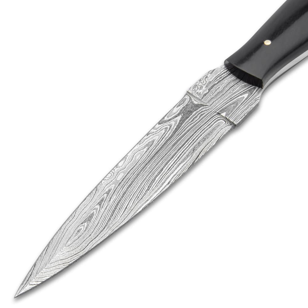 The knife has a full-tang, double-edged, 5 1/4” Damascus steel dagger blade with a penetrating point and sharp edges image number 4