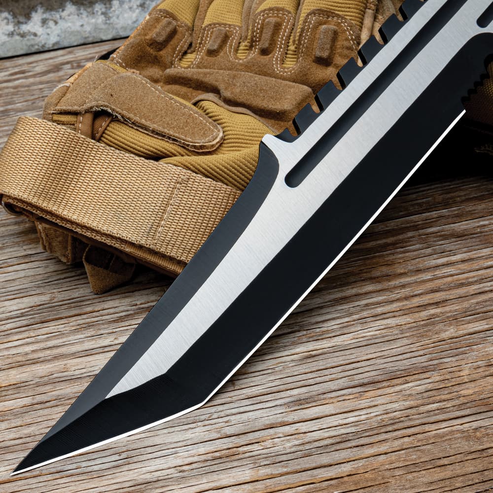 16 1/2" "USMC" sawback knife with a TPU handle and matte black and silver accents. image number 4