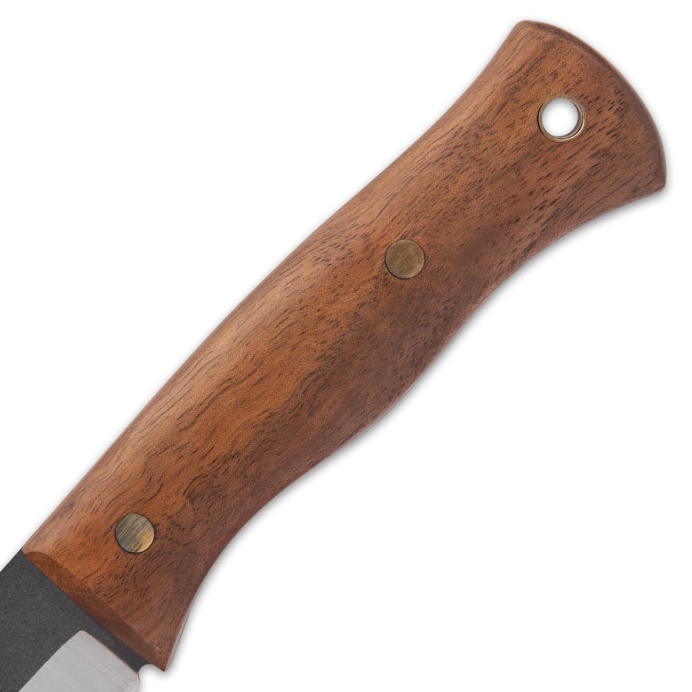 Richly veined zebra wood handle scales are securely fastened to the tang with brass pins and the handle features a brass lanyard hole image number 4