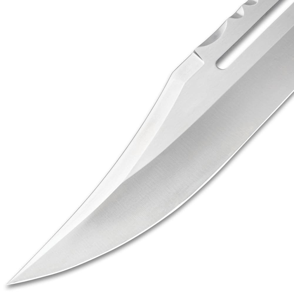 Full view of the Hibben III Bowie Knife, a hero prop replica with an 11 7/8" blade and a dark brown wood handle, designed by Gil Hibben. image number 4