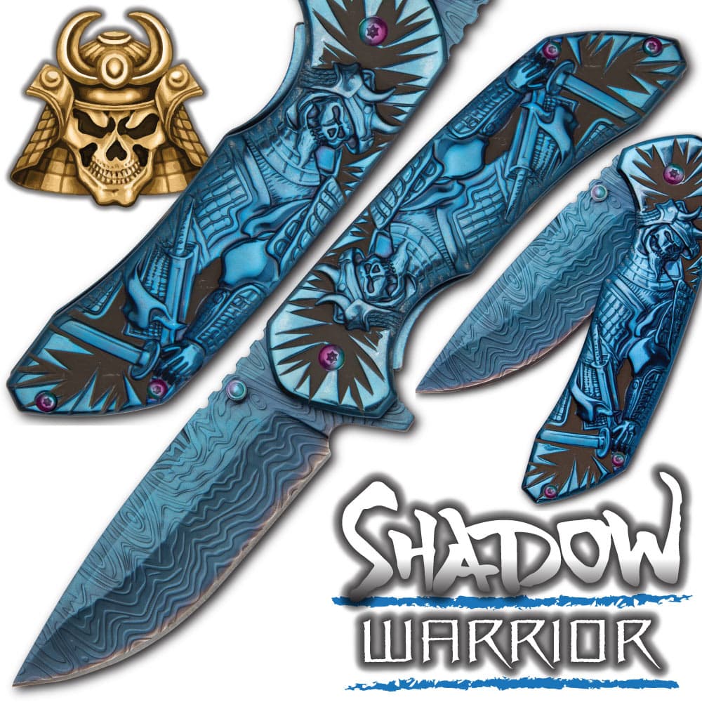 Shadow Warrior Assisted Opening Pocket Knife | DamascTec Steel Blade | Blue And Rainbow image number 4