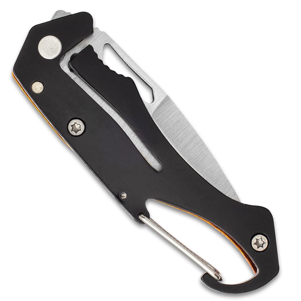 BugOut Carabiner Pocket Knife - Stainless Steel Locking Blade, Cast Aluminum And TPU Handle - Length 4 3/4” image number 4