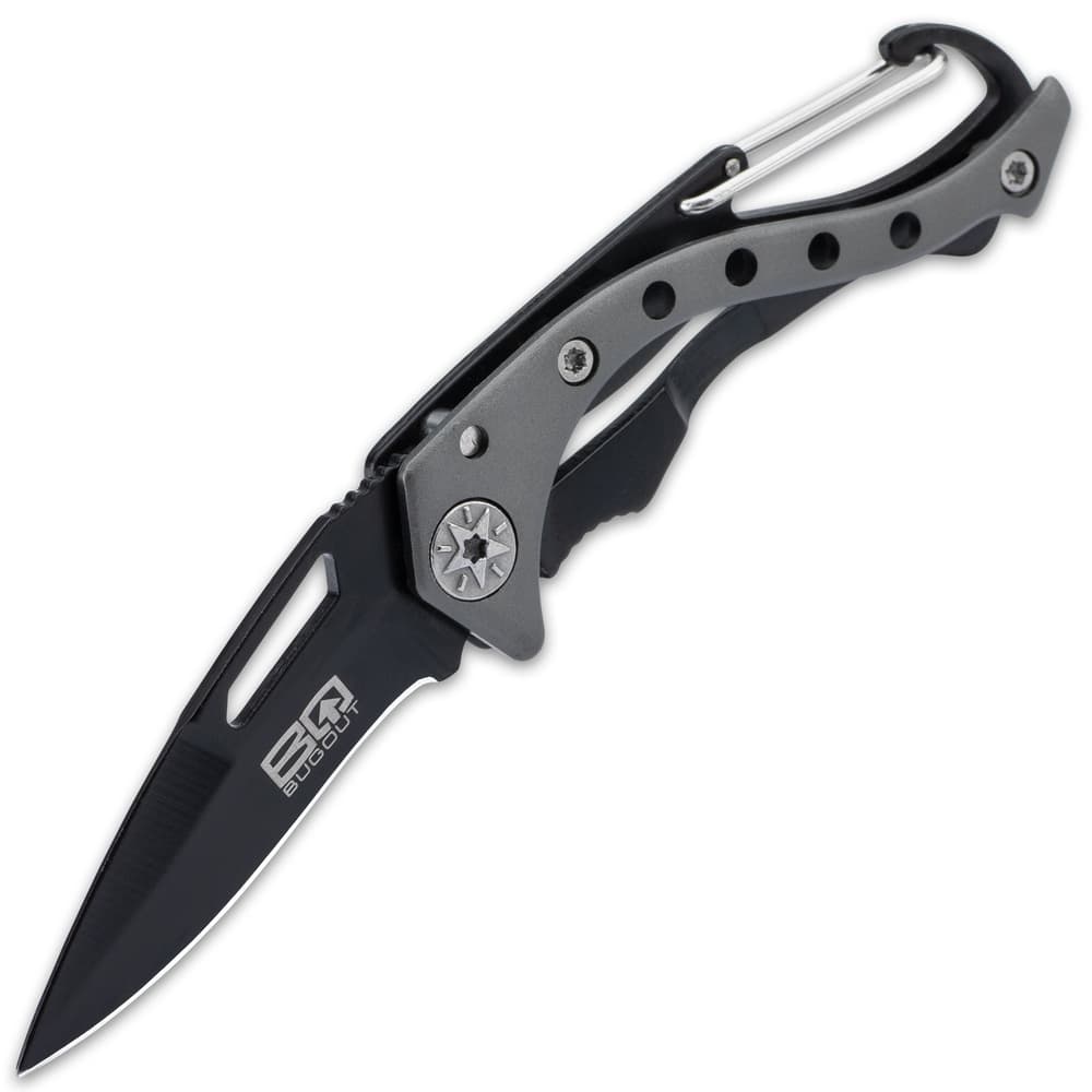 The mini knife has a black, razor-sharp 2” stainless steel blade with a cut-out nail nick for quick access and jimping for control image number 4