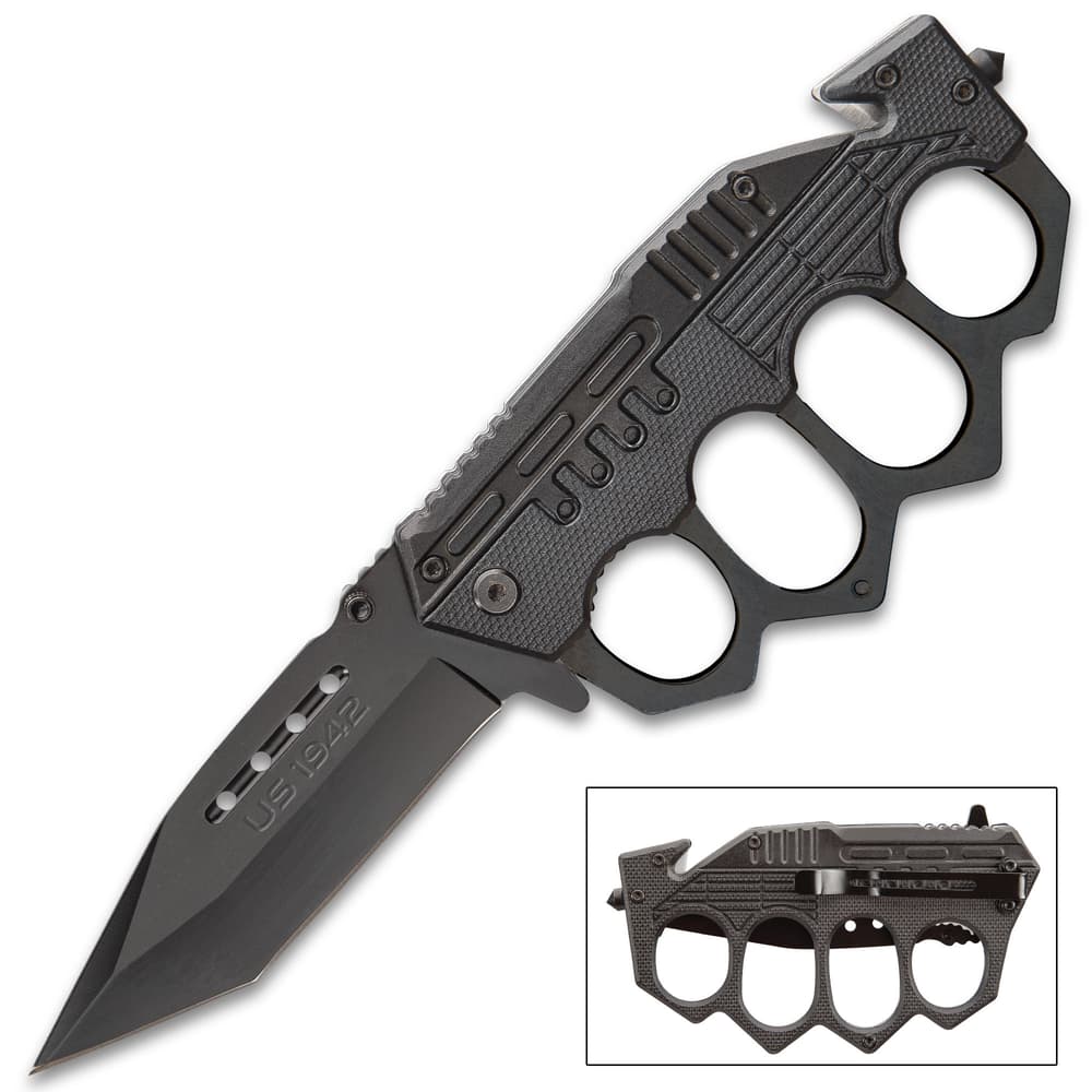 Black Folding Knuckle Knife - Stainless Steel Blade, ABS Handle, Seatbelt Cutter, Glass Breaker - Closed Length 5 1/4” image number 4