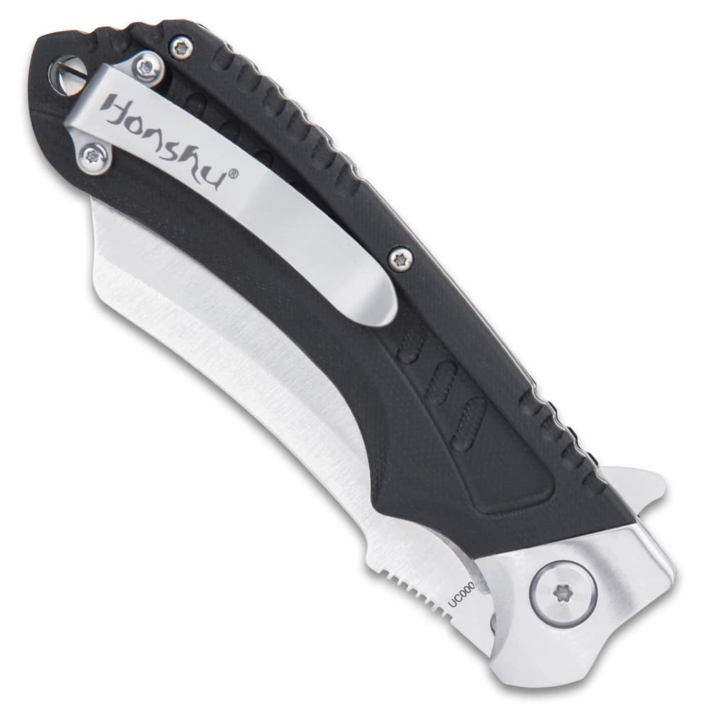 The cutting edge pocket knife is 4 7/8” when closed, and has a spring hardened, bead-blasted stainless steel pocket clip image number 4