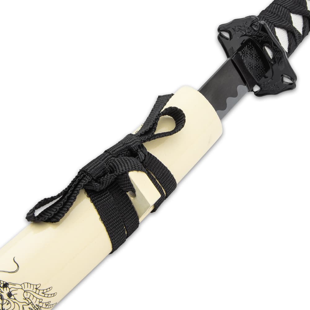 Each sword has a black 1045 carbon steel blade with display edges and a faux ray skin and black cord-wrapped handle image number 4