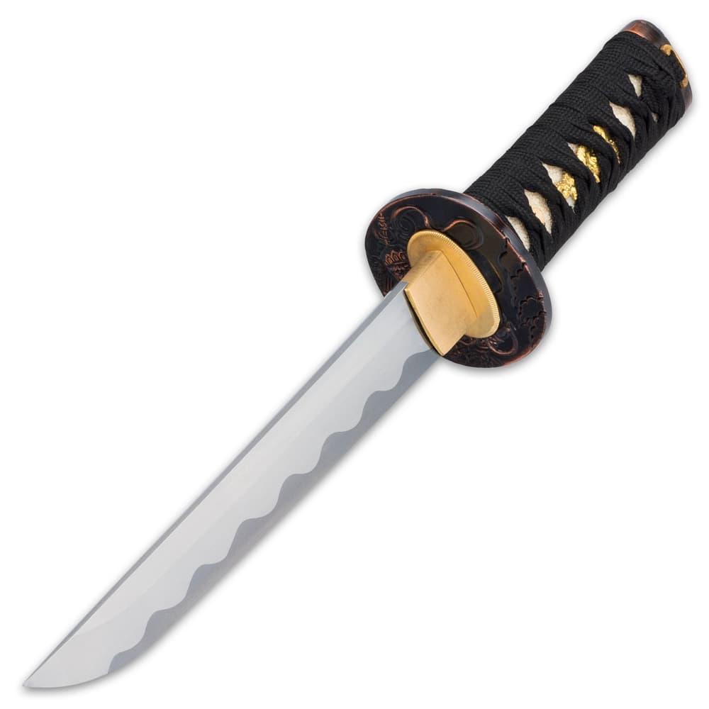It has a hair-splitting sharp, 9 1/4” 1045 carbon steel blade, which extends from a brass habaki and a black and copper colored metal guard image number 4