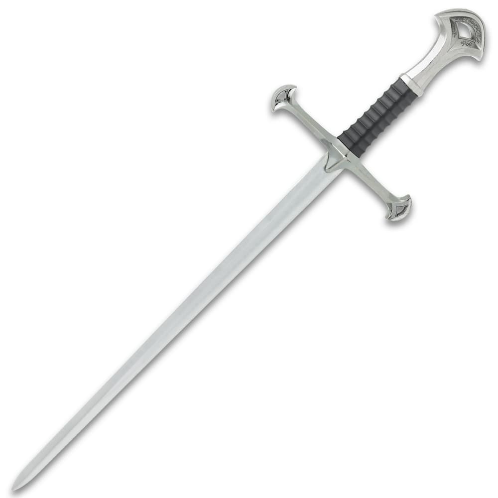 Multiple angles of the 22 1/2 inch long warrior short broadsword features including cross shaped handle, pewter pommel, sharp double edged stainless steel blade and black sheath wrapped in a leather b image number 4