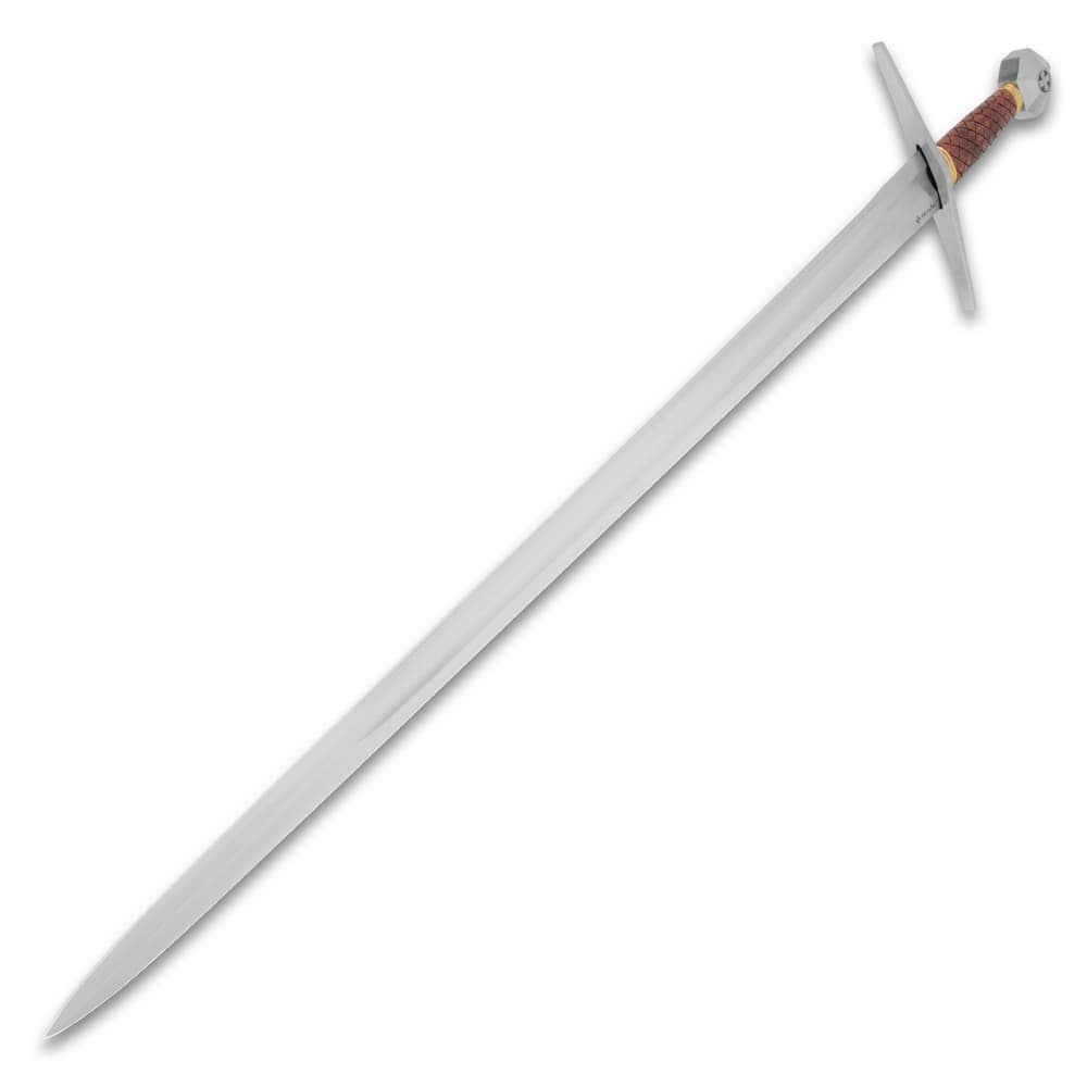 Full view of the Honshu Templar Sword with 1065 carbon steel blade and brown checkered pattern handle. image number 4