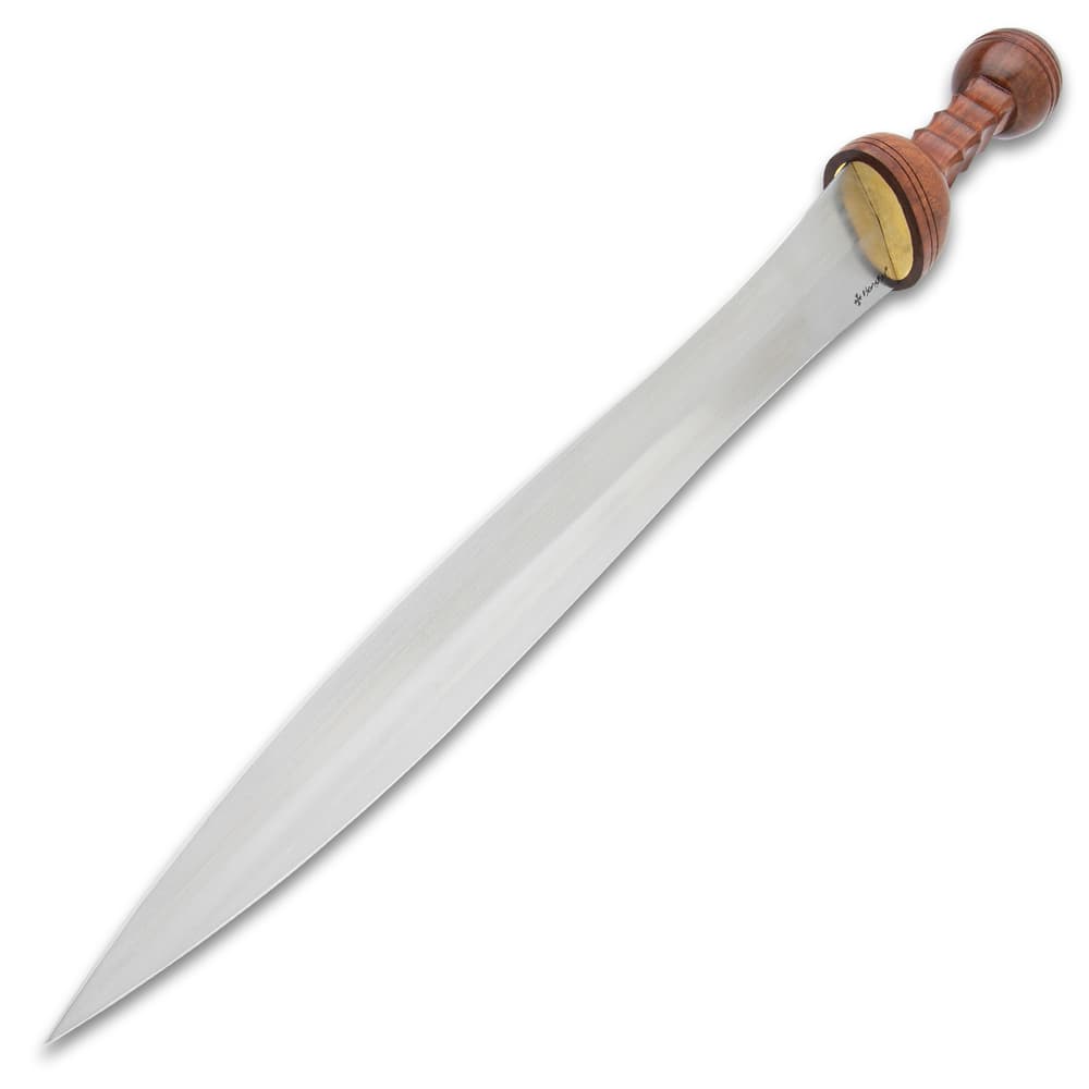Full view of the Honshu Roman Mainz Pattern Gladius with its 1065 carbon steel blade and wooden handle with brass detailing. image number 4