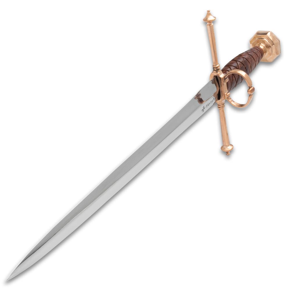 Full view of the Honshu Historic Forge Italian Dagger with 1065 carbon steel blade, gold-colored guard and pommel, and brown wooden handle. image number 4