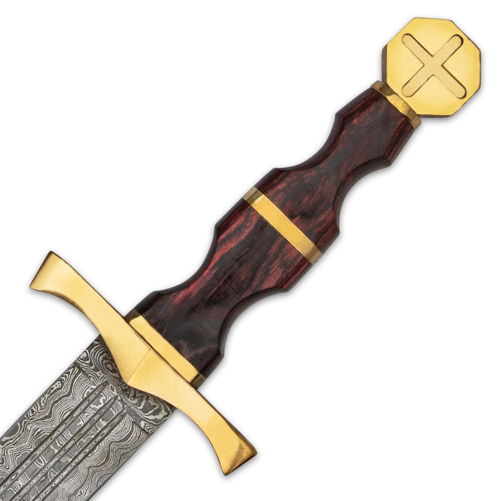 The handle is a rich, reddish wood, accented with brass bands, and it has a brass pommel in the Crusader style image number 4