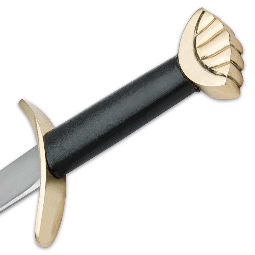 Hilt with black leather wrapped handle and solid brass guard and pommel. image number 4