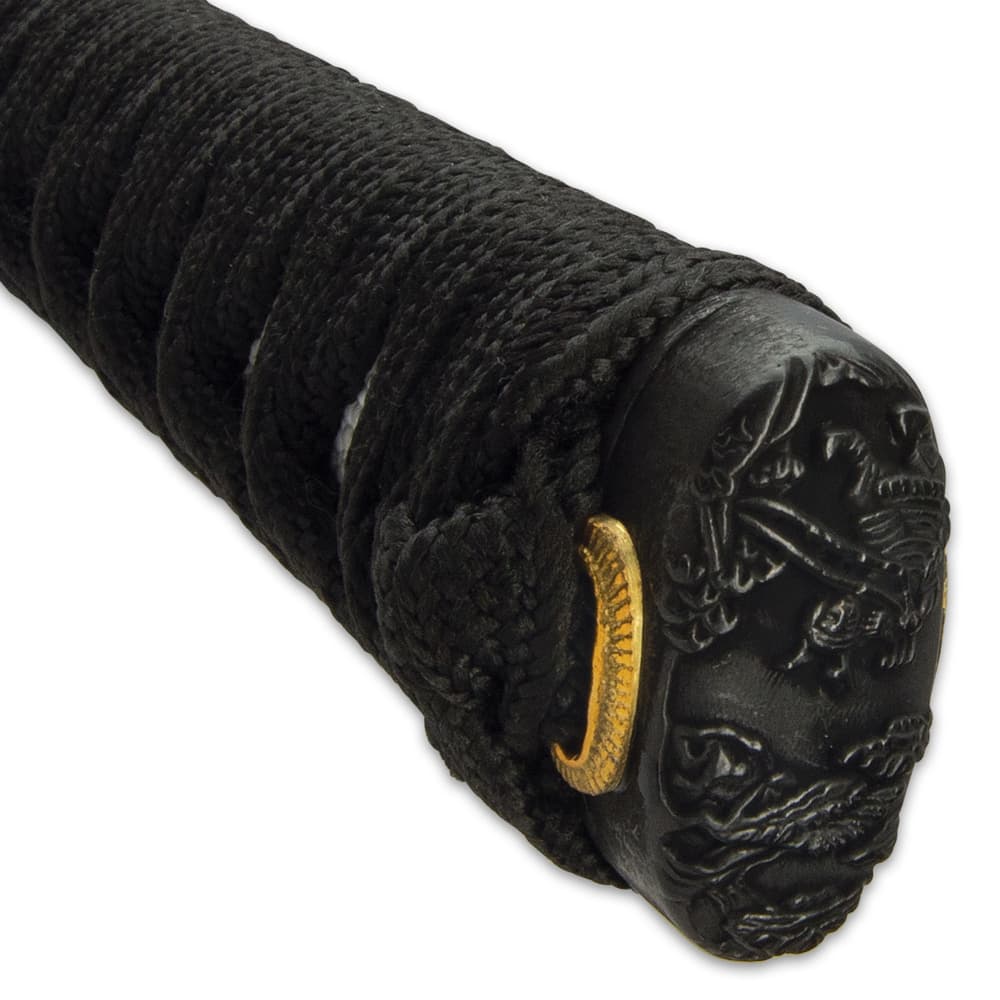 The hardwood handle is wrapped in faux rayskin and black cord and has an intricately detailed metal alloy tsuba image number 4