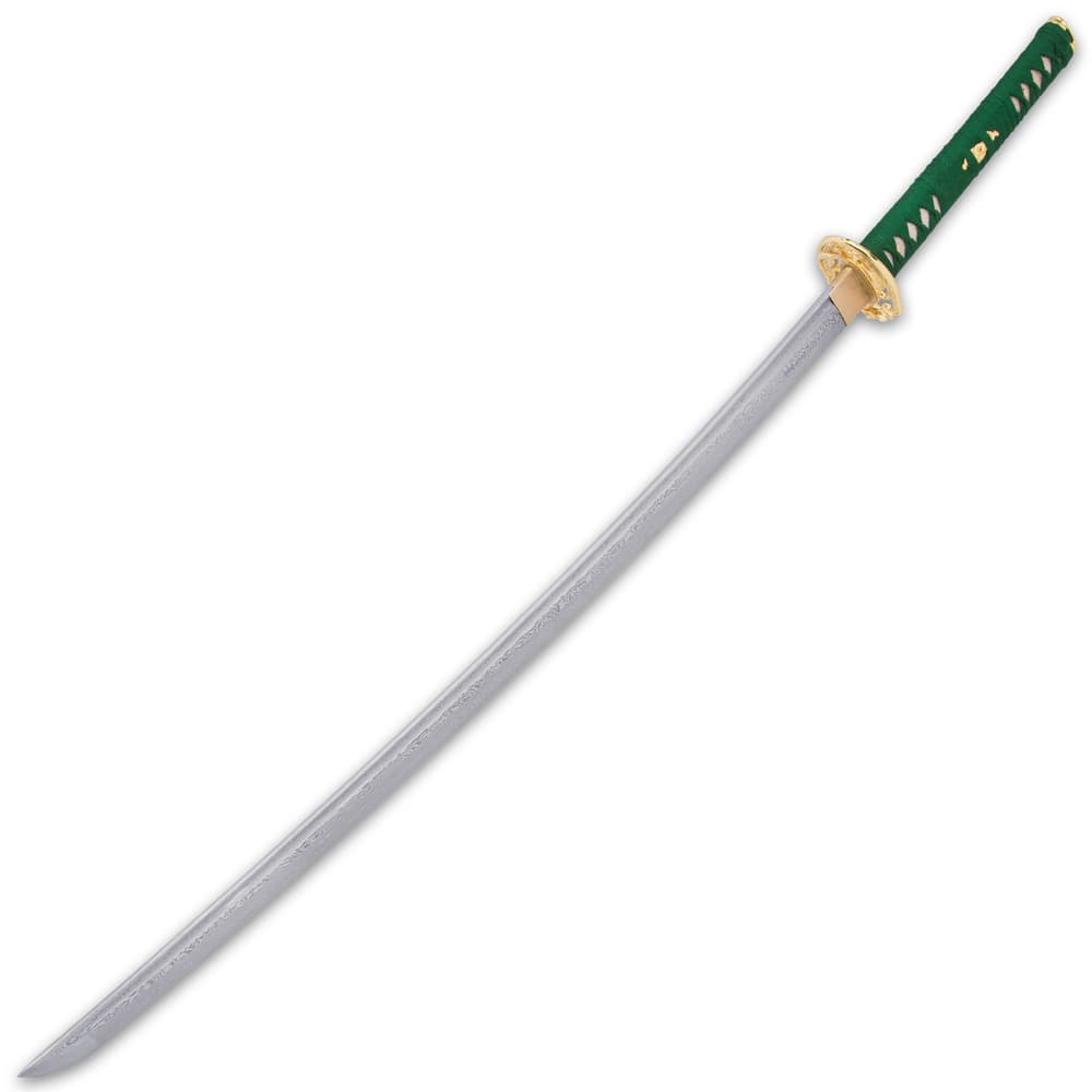 A samurai sword with 27 inch damascus steel blade extended from a brass habaki and rayskin wrapped handle in green nylon cord image number 4