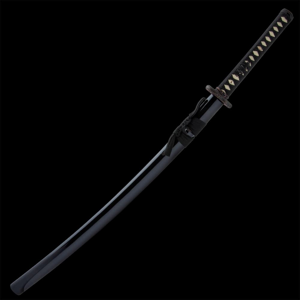 Shinwa Japanese sword with a faux rayskin hardwood handle encased in all black wooden scabbard wrapped with black cord image number 4