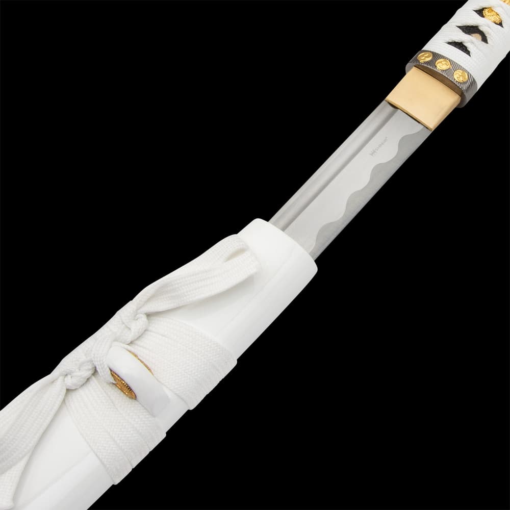 The 39 1/2” overall katana slides smoothly into a white lacquered, wooden scabbard, which also holds the small knife] image number 4