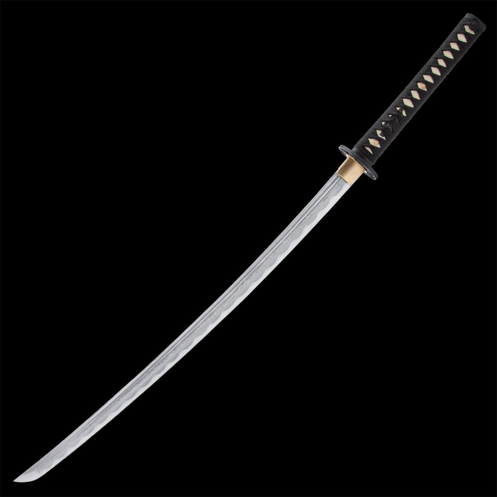 The high-quality katana has a 27 3/8”, keenly sharp Damascus steel blade, which extends from a brass habaki image number 4
