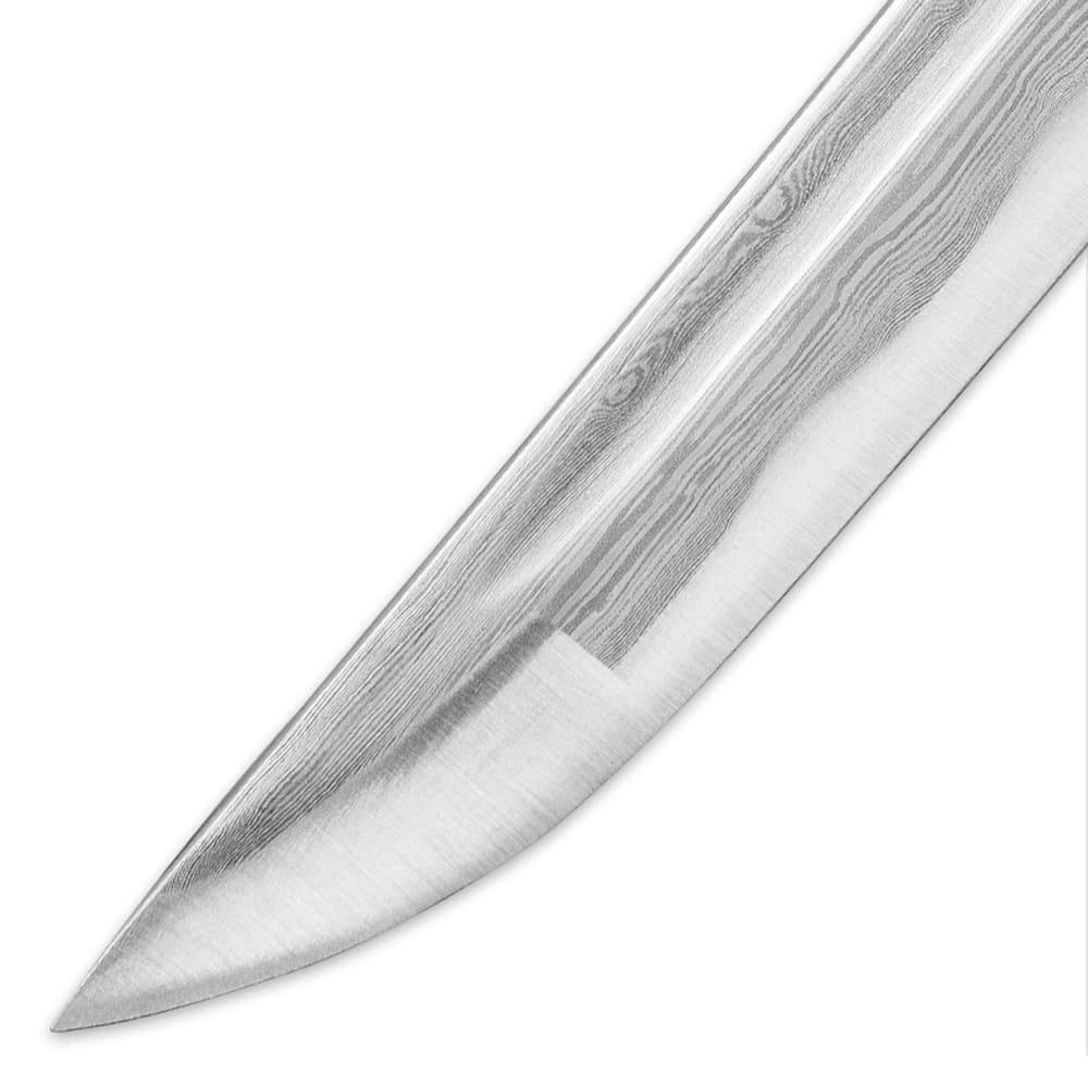 Closeup view of the sharp hand forged Damascus steel blade. image number 4