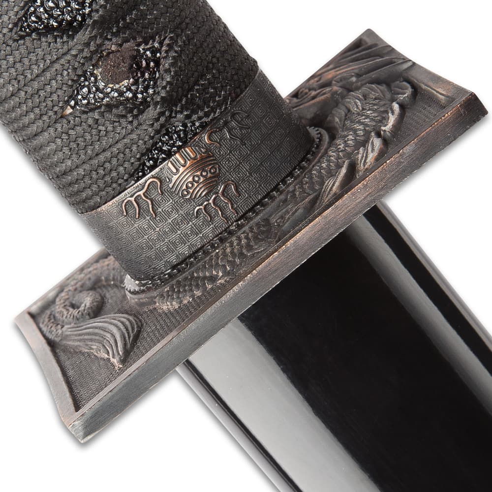 Shinwa Abyss Handmade Katana / Samurai Sword - Double-Edged; Hand Forged Black Damascus Steel - Razor Sharp, Full Tang - Fully Functional, Battle Ready, Ninja Sleek - Dragon Tsuba image number 4