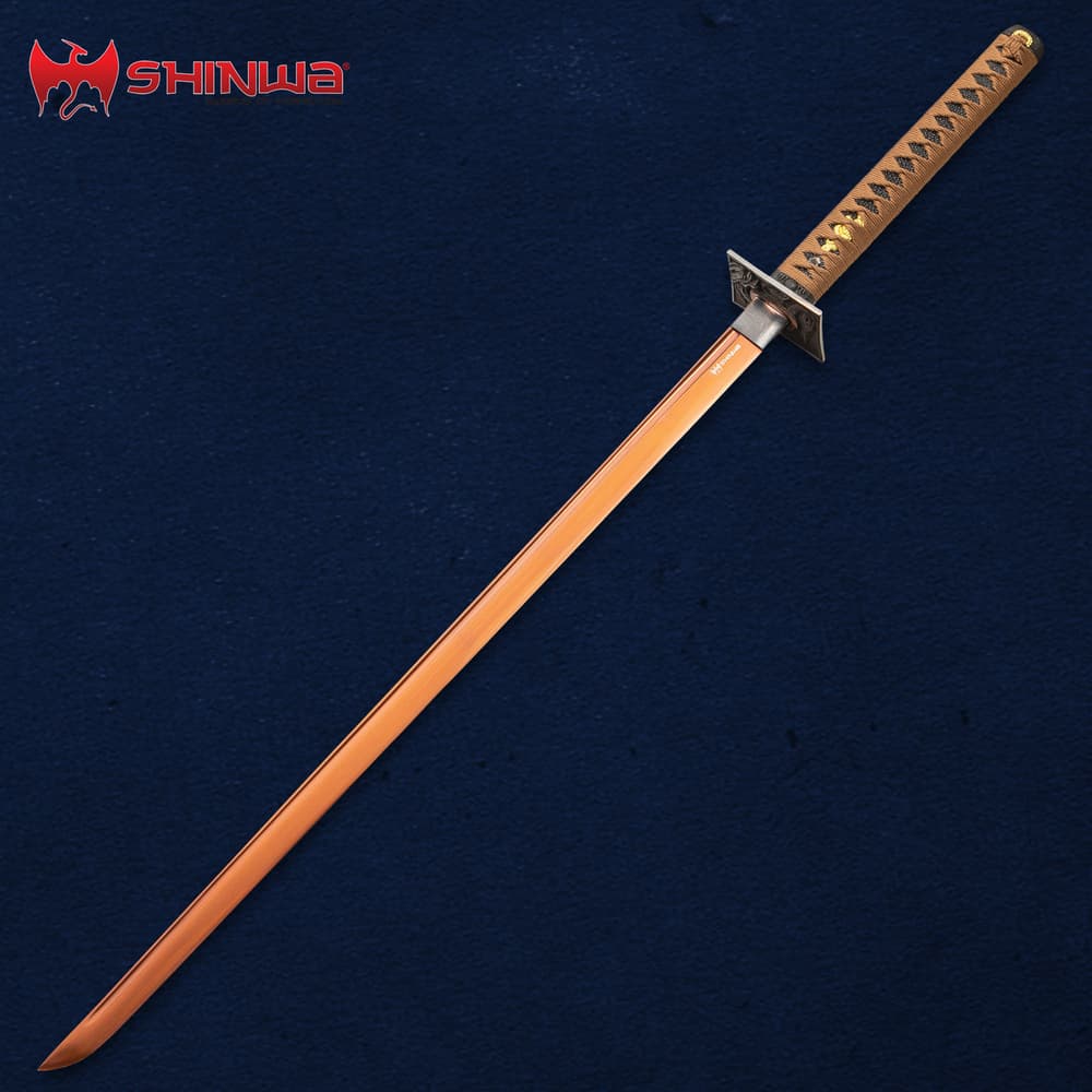 The katana is shown in full with copper colored 1060 high carbon steel blade and genuine rayskin handle wrapped in cord. image number 4