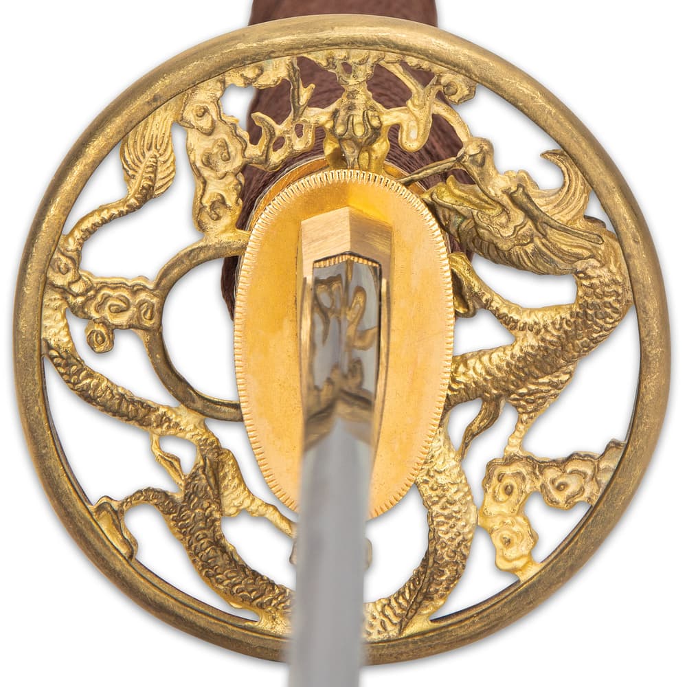 The water dragon-themed, brass tsuba is also complemented by an intricate, dragon-themed brass handle collar image number 4
