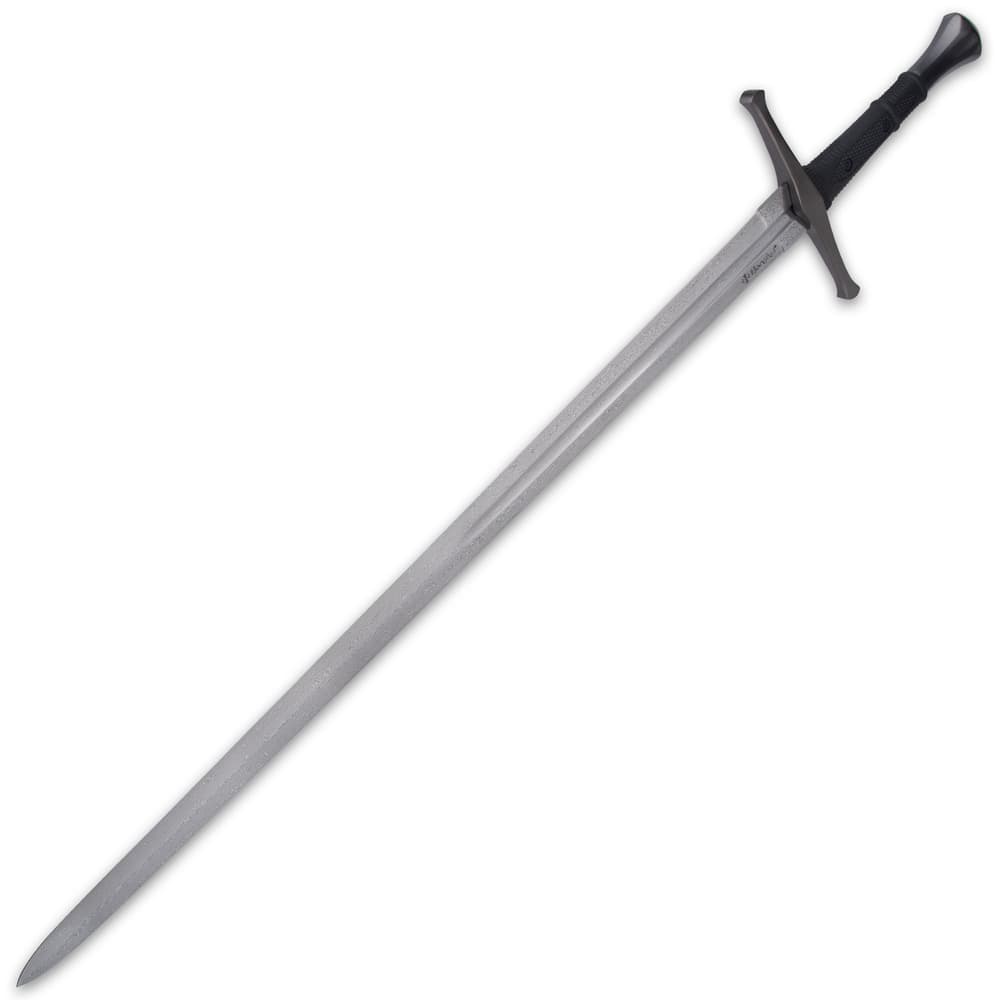 Honshu sword at an angle showcasing the razor sharp stainless damascus steel blade image number 4