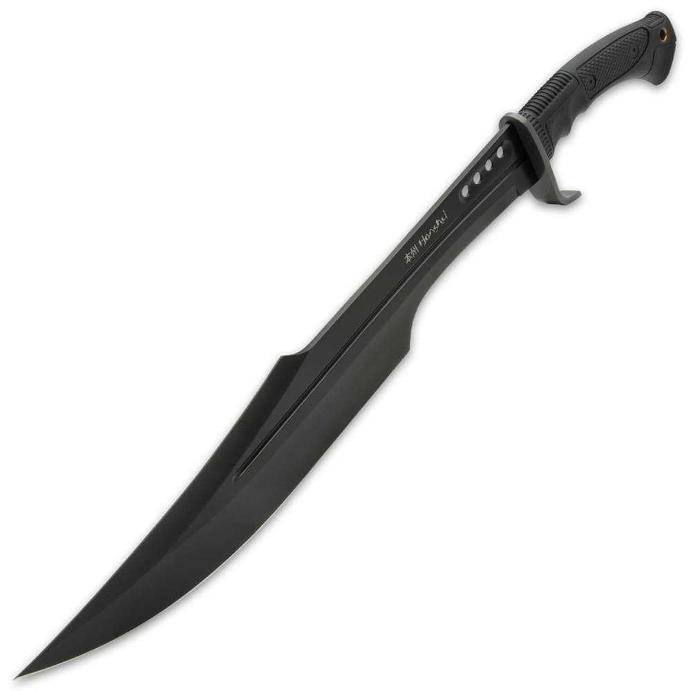 It has a full-tang, 16 1/2” black 7Cr13 stainless steel blade, which features a blood groove and weight-reducing thru-holes in the spine image number 4