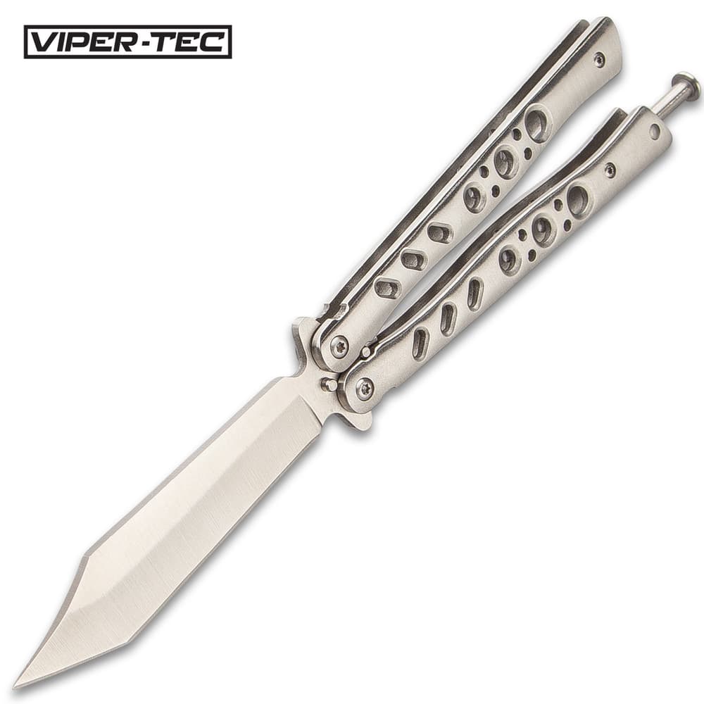 Viper-Tec Scorpion Tip Balisong Knife - Stainless Steel Tanto Blade, Skeletonized Aluminum Handles, T-Latch - Length 8 3/4 image number 4