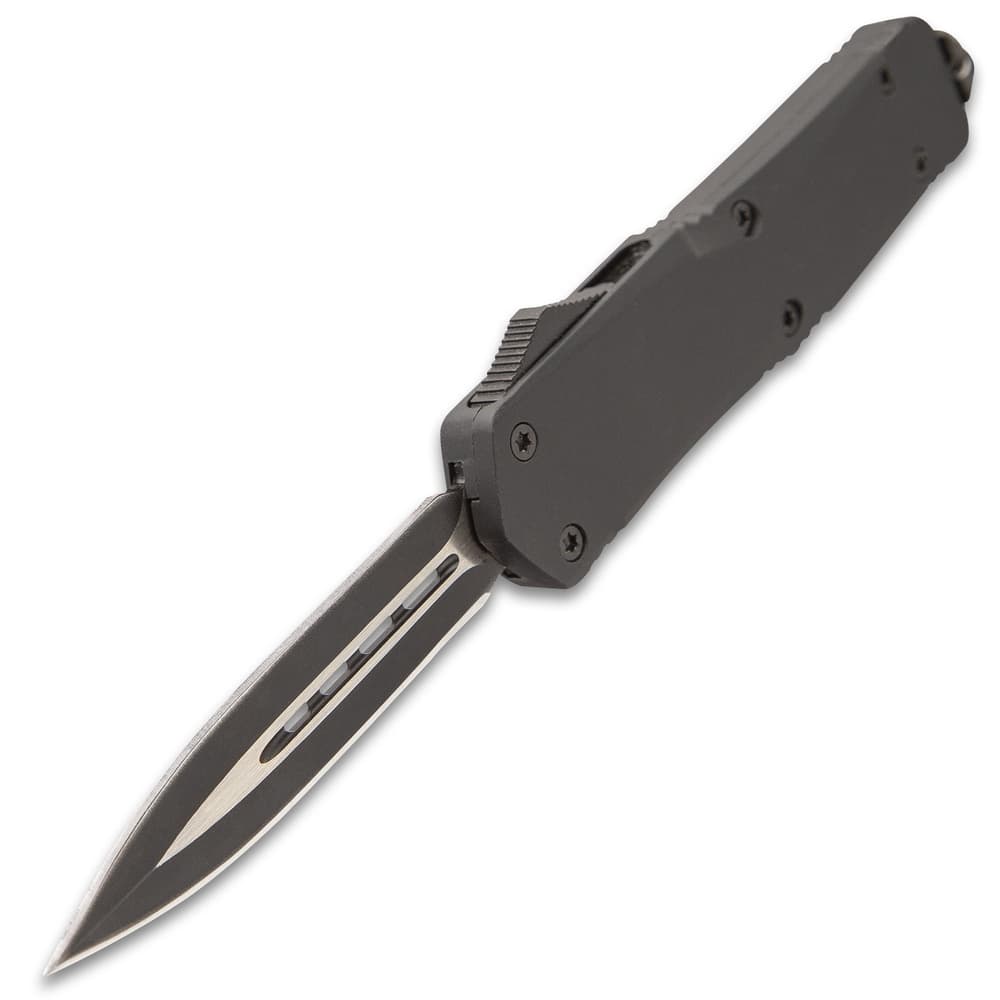 Ghost Series Black Double Edge OTF Knife - Stainless Steel Blade, Metal Alloy Handle, Pocket Clip - Length 9” image number 5