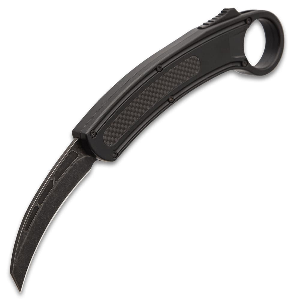 Black OTF Karambit Knife - Stainless Steel Blade, Stonewashed Finish, Metal Alloy Handle, Pocket Clip - Length 9” image number 5