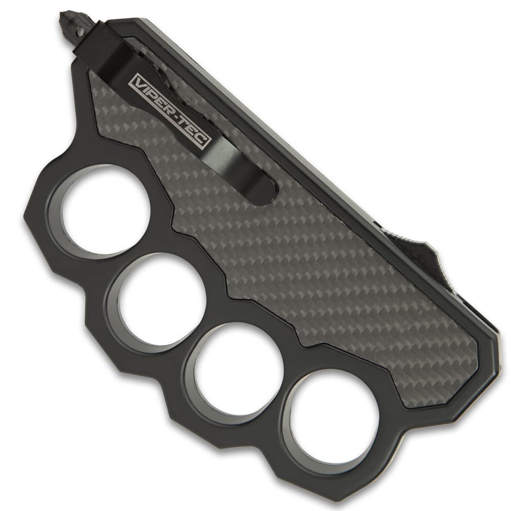 On the back of the knuckle handle is a black steel pocket clip with “Viper-Tec” printed on it. image number 5