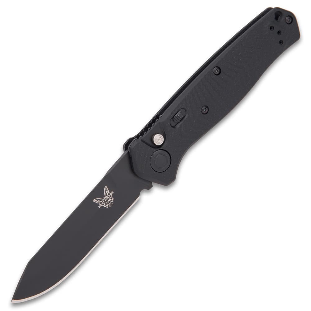Open benchmade mediator automatic knife with non-reflective black steel blade and G10 handle. image number 5