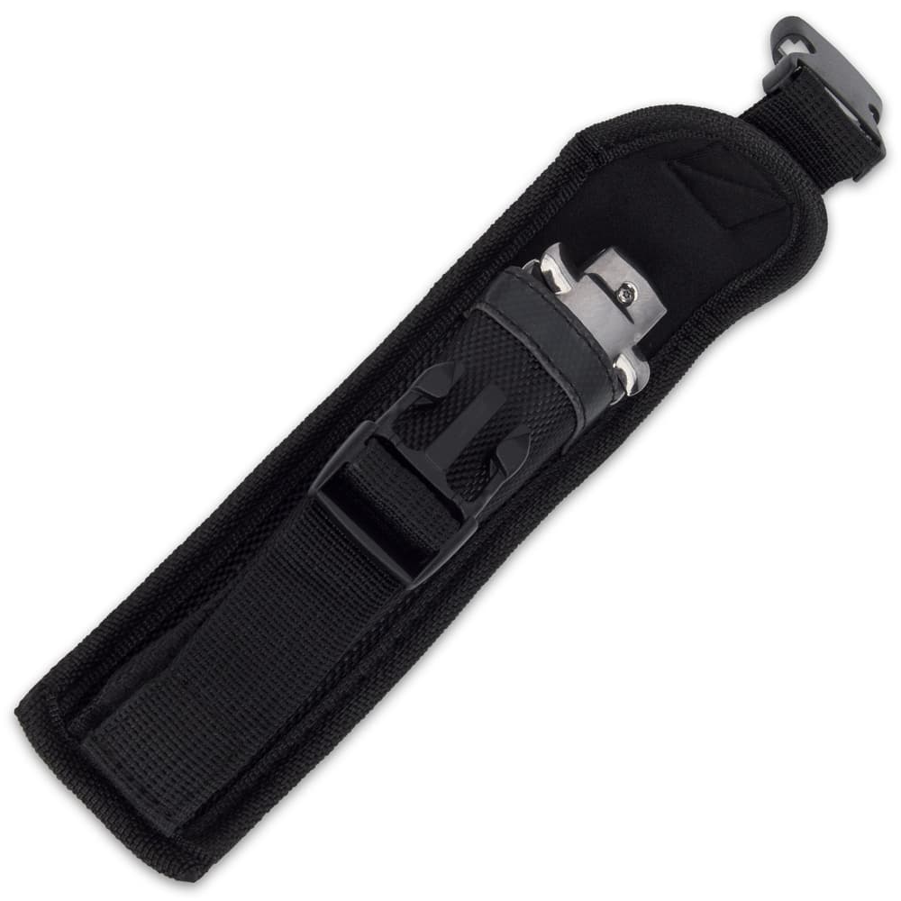 Closed switchblade enclosed in black nylon belt sheath with open buckle closure. image number 5