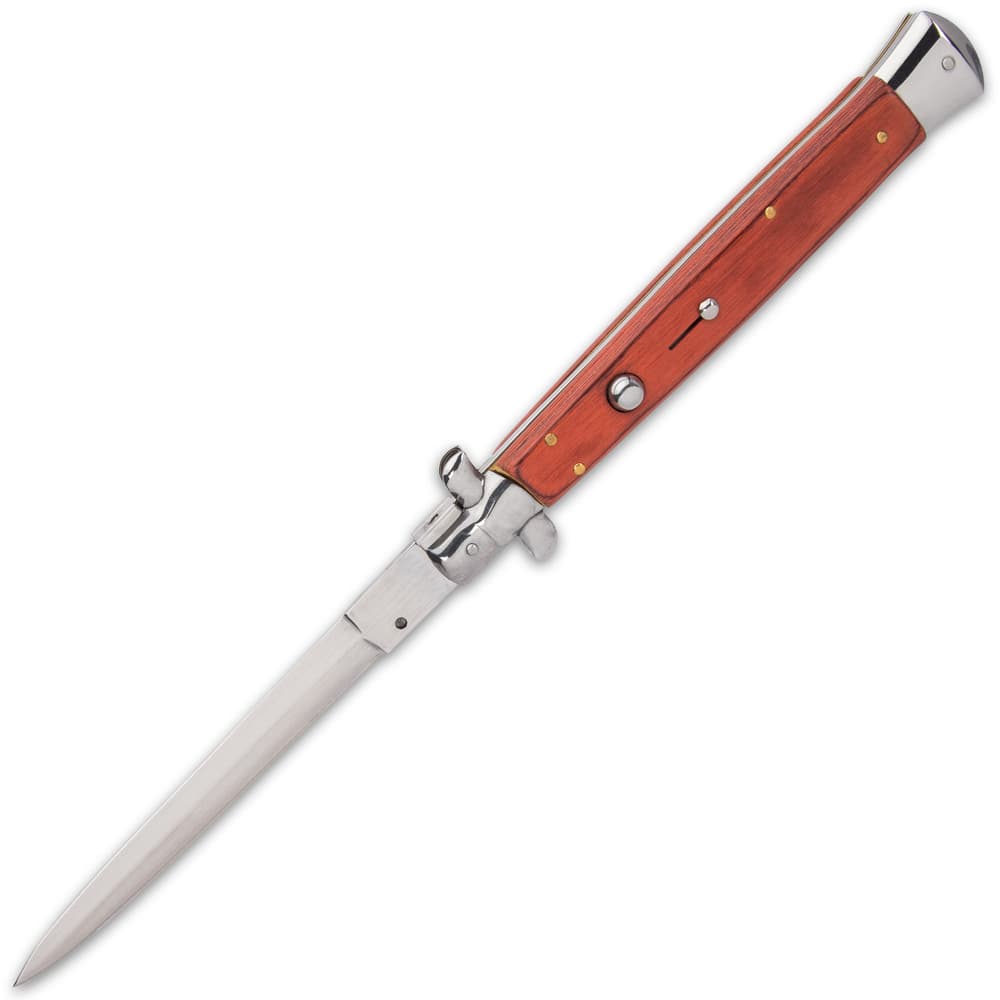 Automatic Italian Wood handle stilleto knife with mirror polished accents and double sided blade with brass liners. image number 5