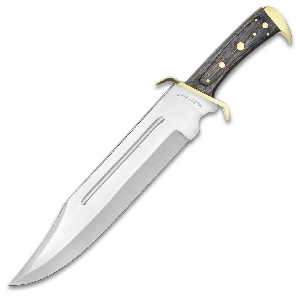 The knife has a 11 3/8” stainless steel blade extending from the brass-plated guard. image number 5