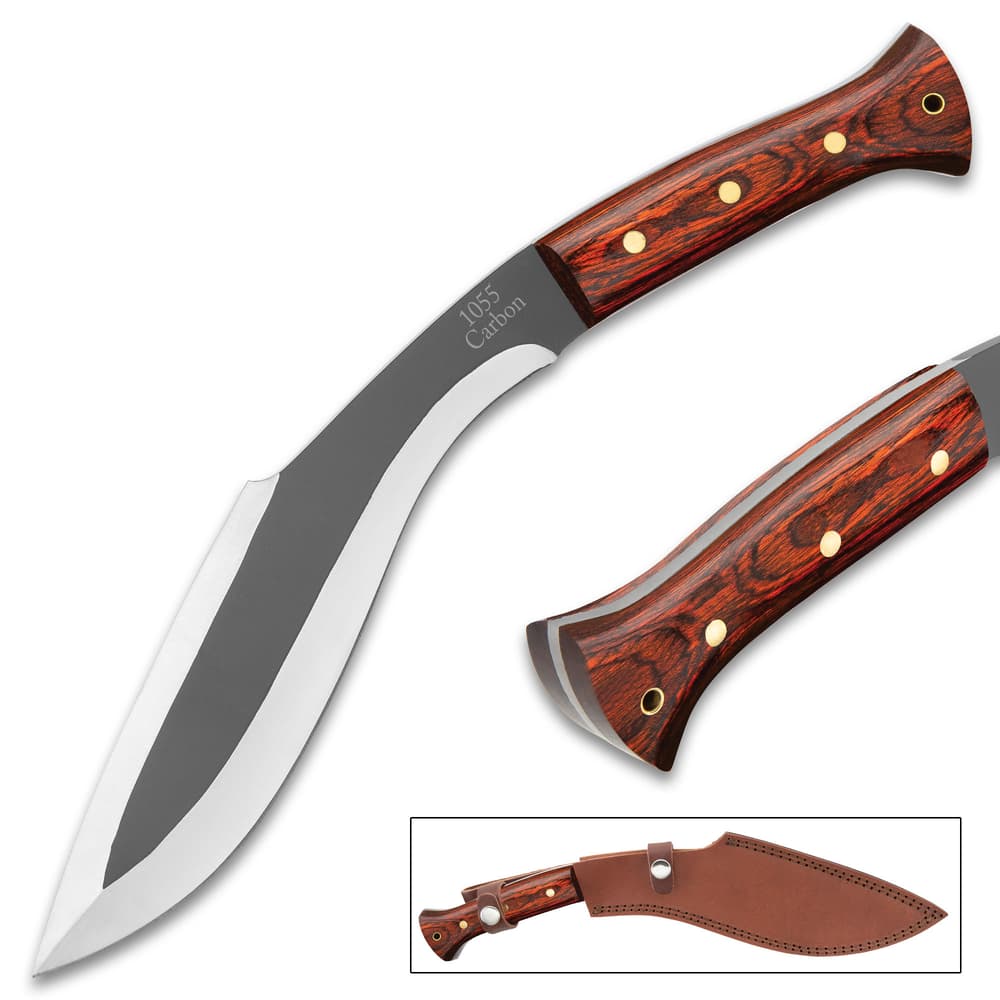 Three different views of the kukri with its 1055 carbon steel blade and dark wooden handle scales, secured with brass pins. image number 5