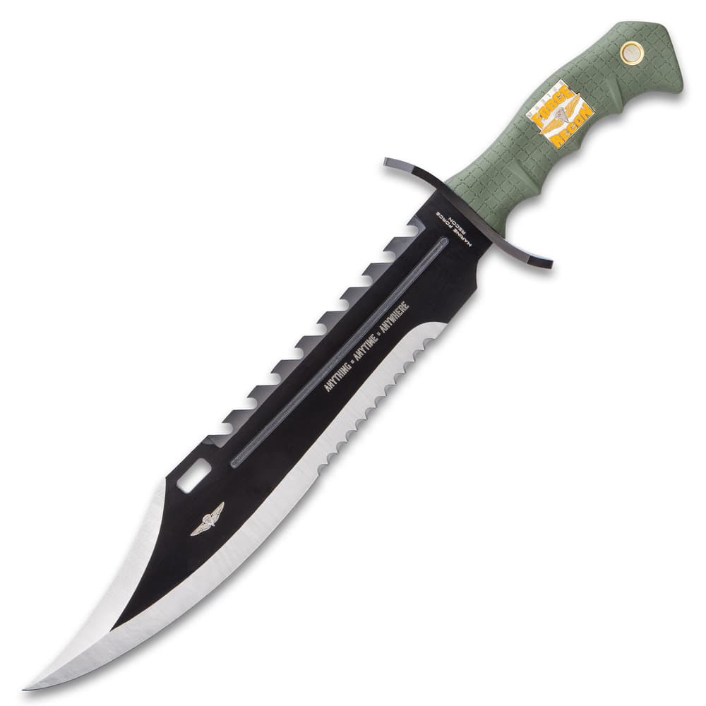 USMC Marine Recon Sawback Survival Giant Fixed Blade Bowie Knife - Durable Nylon Belt Sheath - Green Handle Black Blade Stainless Steel image number 3