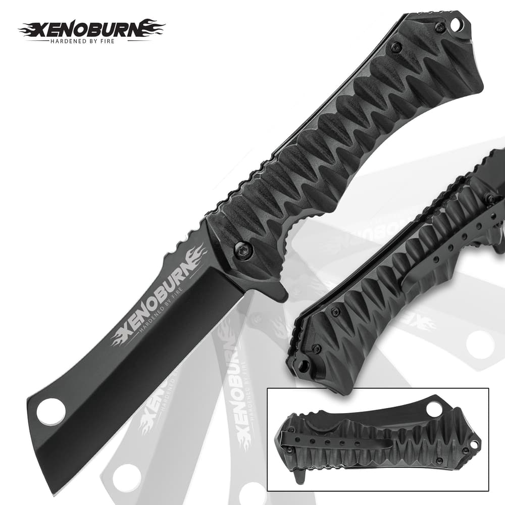 Xenoburn Assisted Opening Cleaver Pocket Knife - Black Titanium Coated Steel Blade, Textured TPU Handle, Pocket Clip, Lanyard Hole image number 5