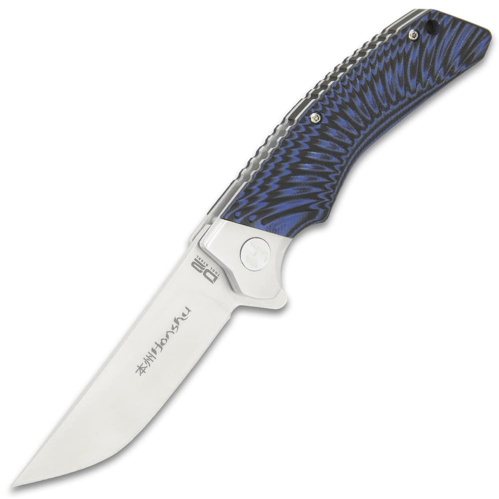 Angled view of extended pocket knife with a shining silver double edged blade and blue and black handle. image number 5