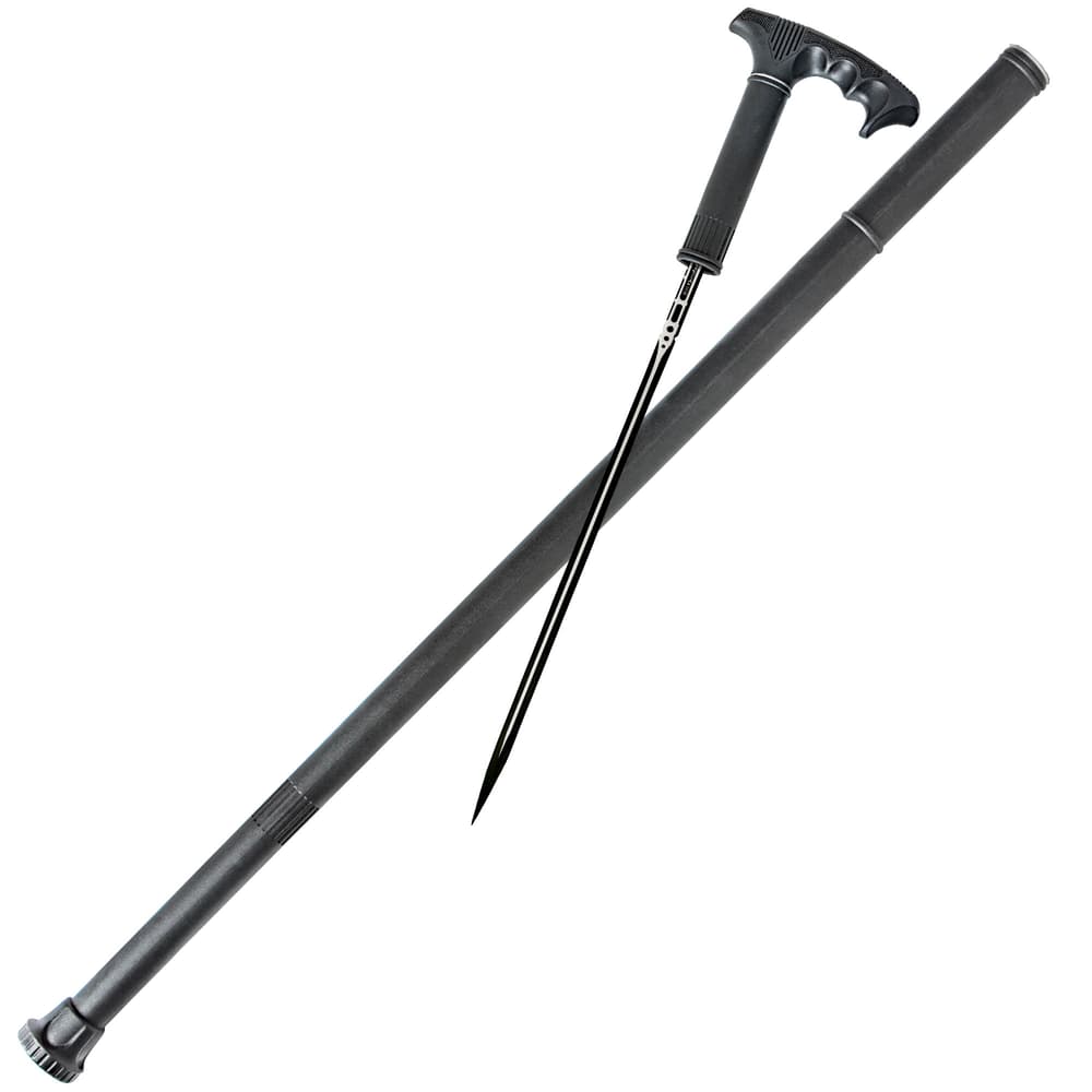 Black sword cane detached from its fiberglass casing showing the sharp stainless blade and piercing tip image number 5