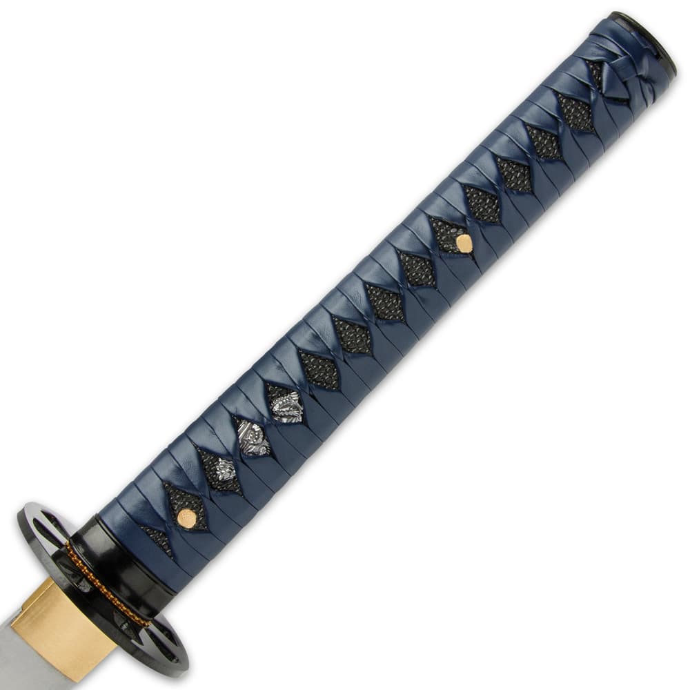 The 39 1/2” overall katana’s wooden handle is intricately wrapped in eye-catching, blue faux leather and black rayskin image number 5